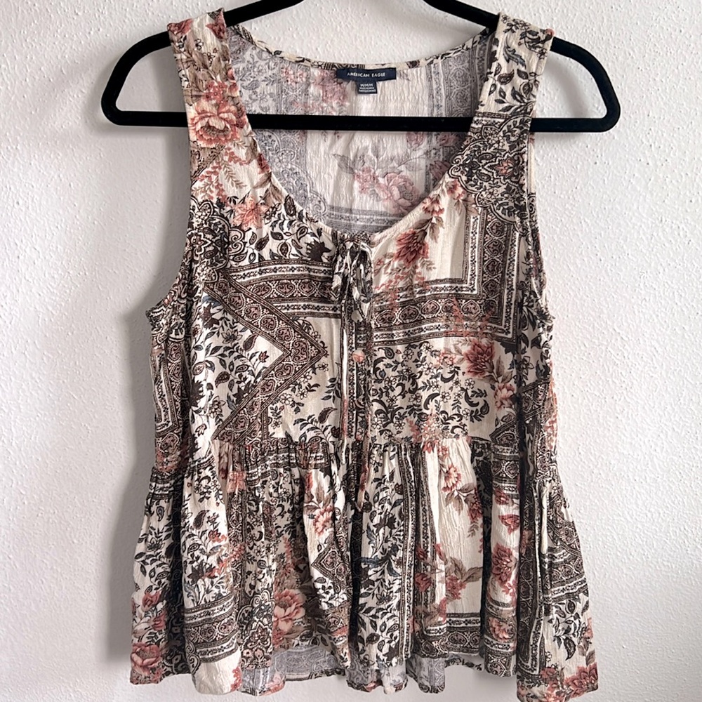 American Eagle Outfitters Floral Patchwork Tank Top in Cream, Brown, Pink